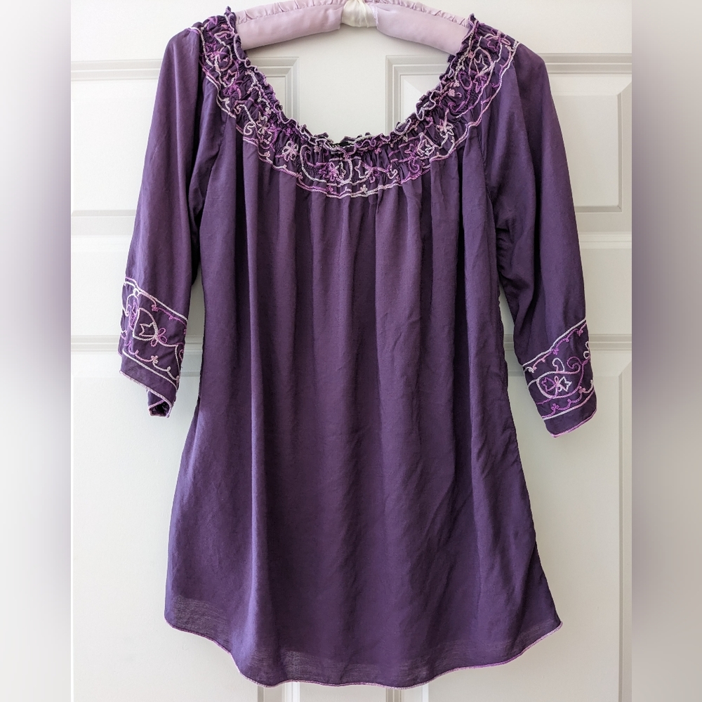 Lucky brand Purple top smocked off shoulder embroidered neckline Tunic